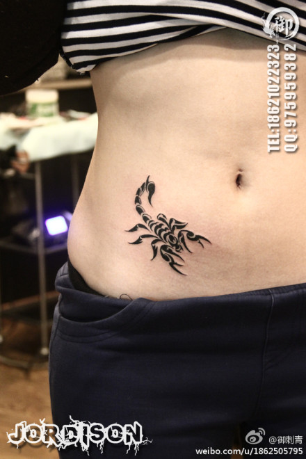 女生腹部时尚好看的图腾蝎子纹身图案 
