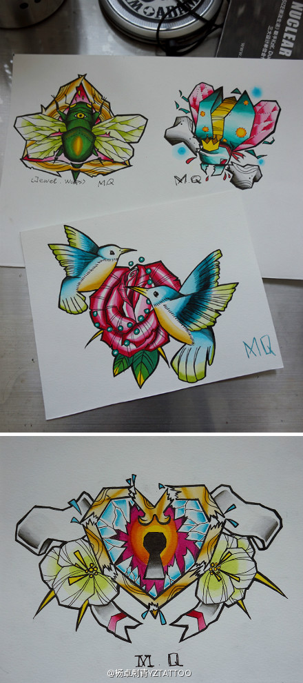 一组精美的彩色爱心锁小鸟玫瑰纹身图案