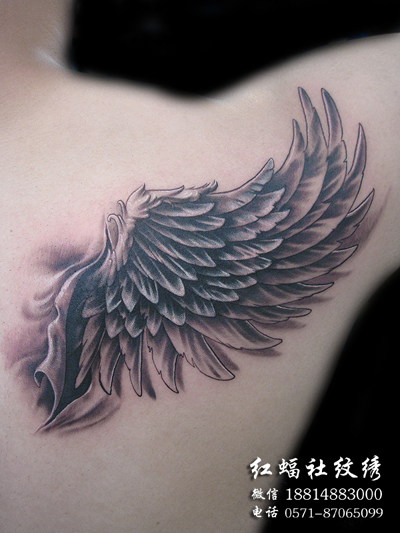 男人肩胛骨一款潮流唯美的翅膀纹身图案
