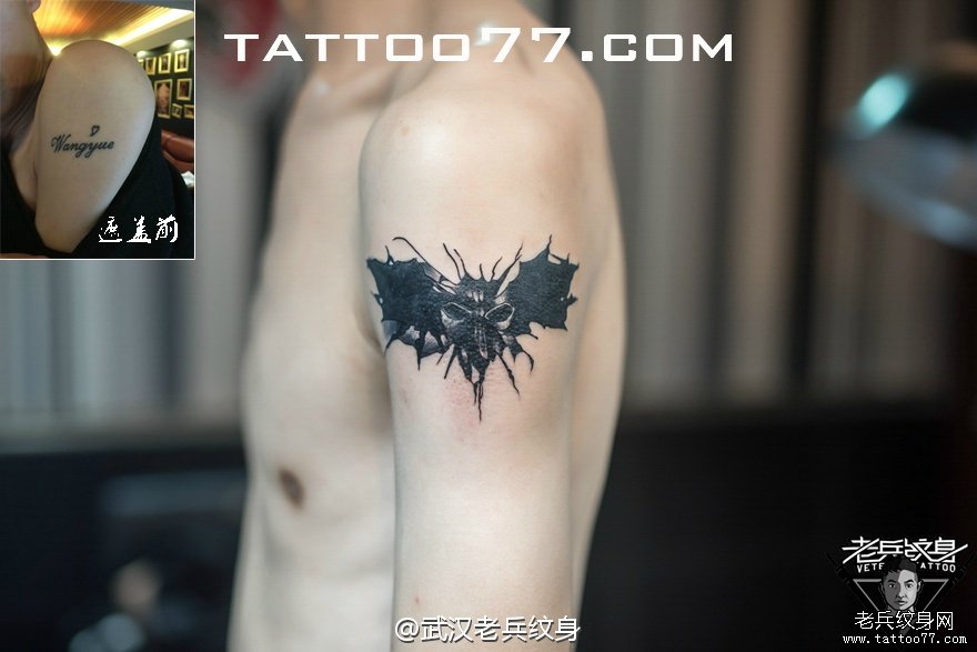 手臂蝙蝠刺青图案作品遮盖旧纹身