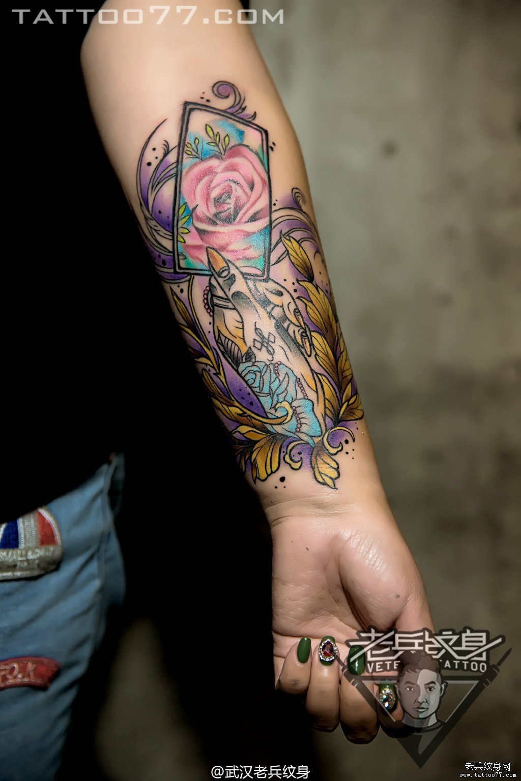 小臂水彩气球船锚纹身图案-上海纹彩刺青