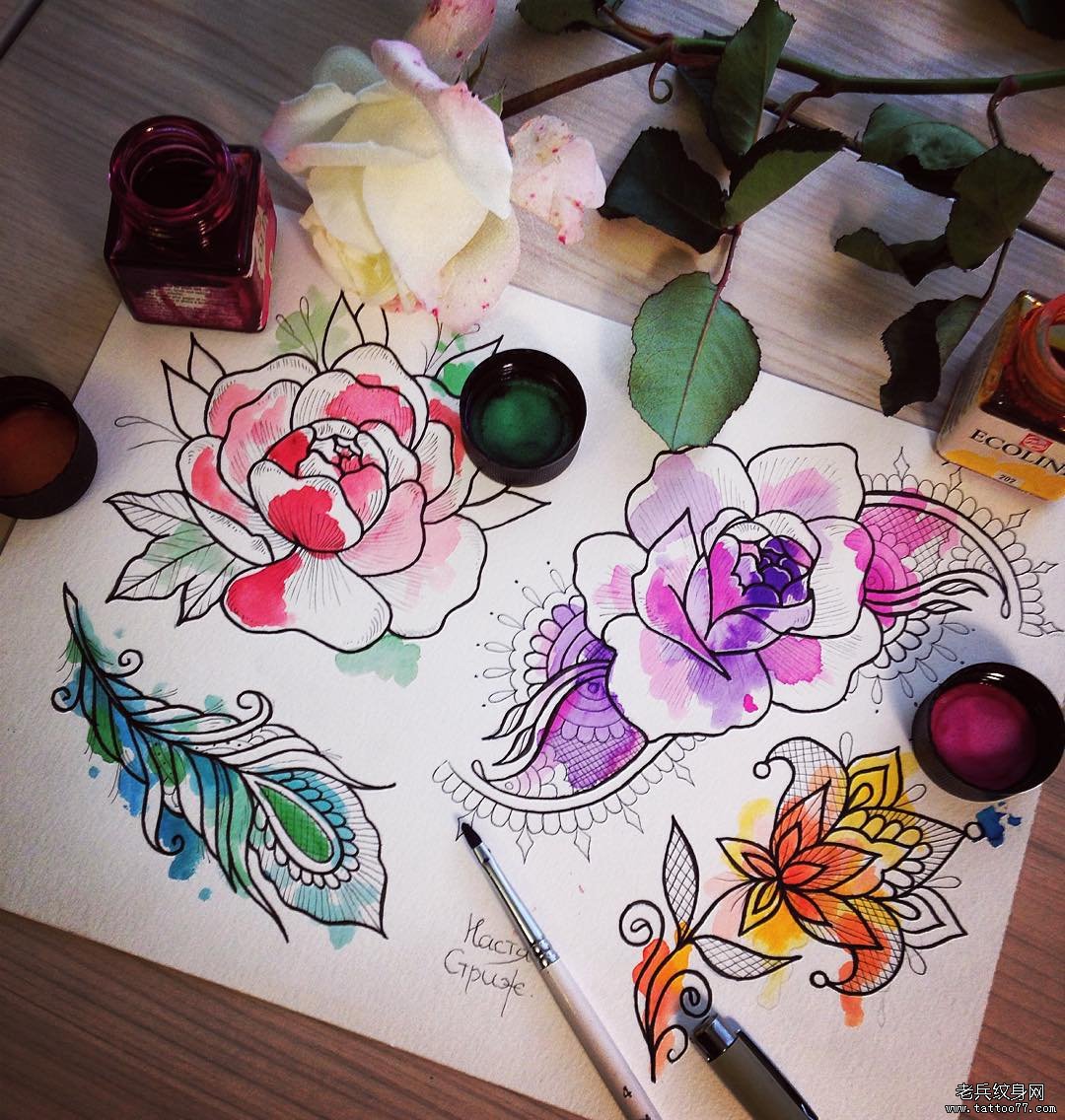 水彩泼墨玫瑰与牡丹纹身图案