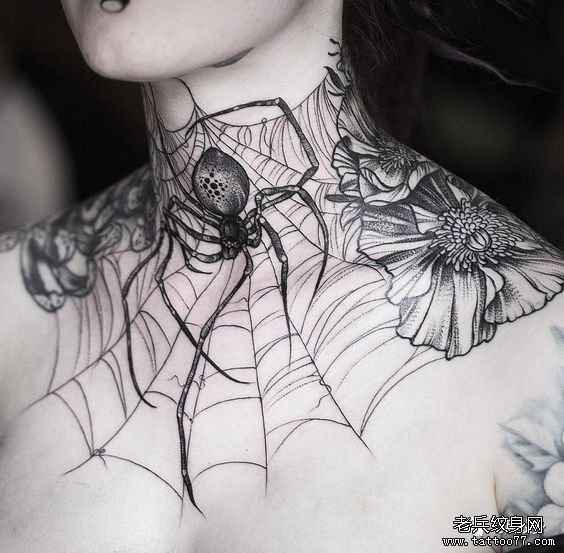 颈部蜘蛛网纹身图案