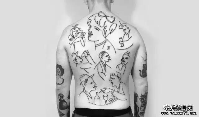 后背简约线条纹身图案