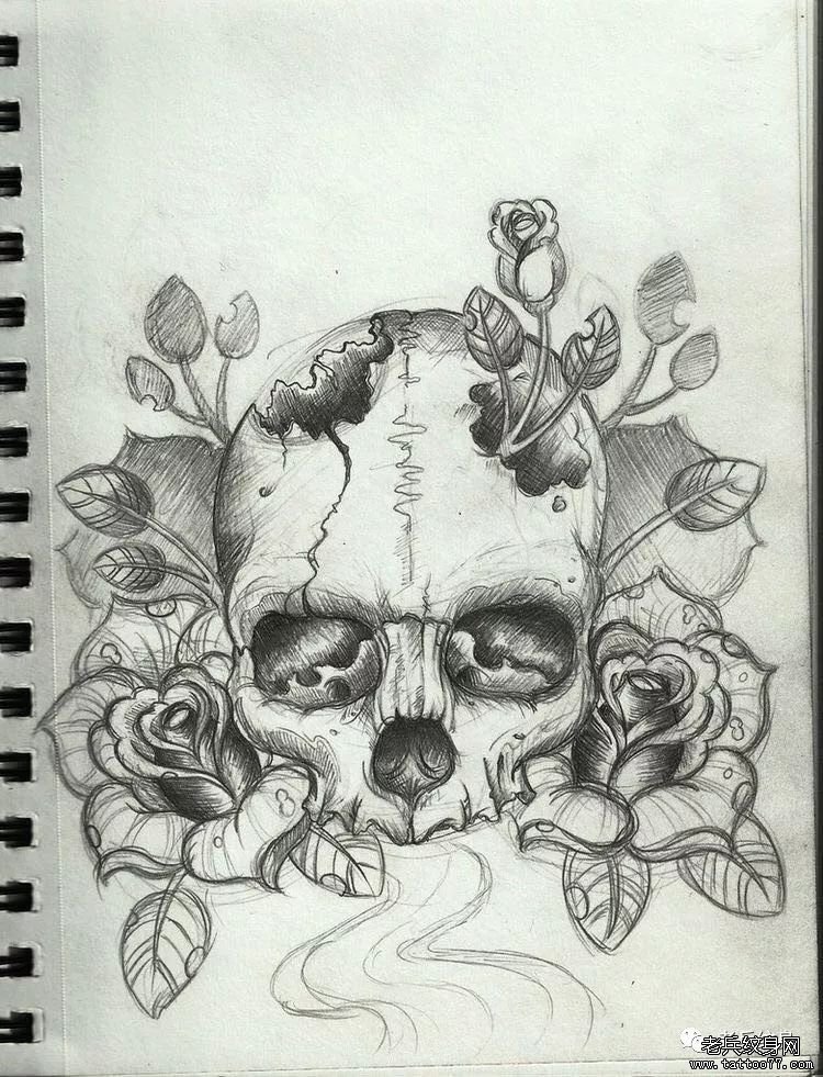 纹身素材第429期——骷髅与花
