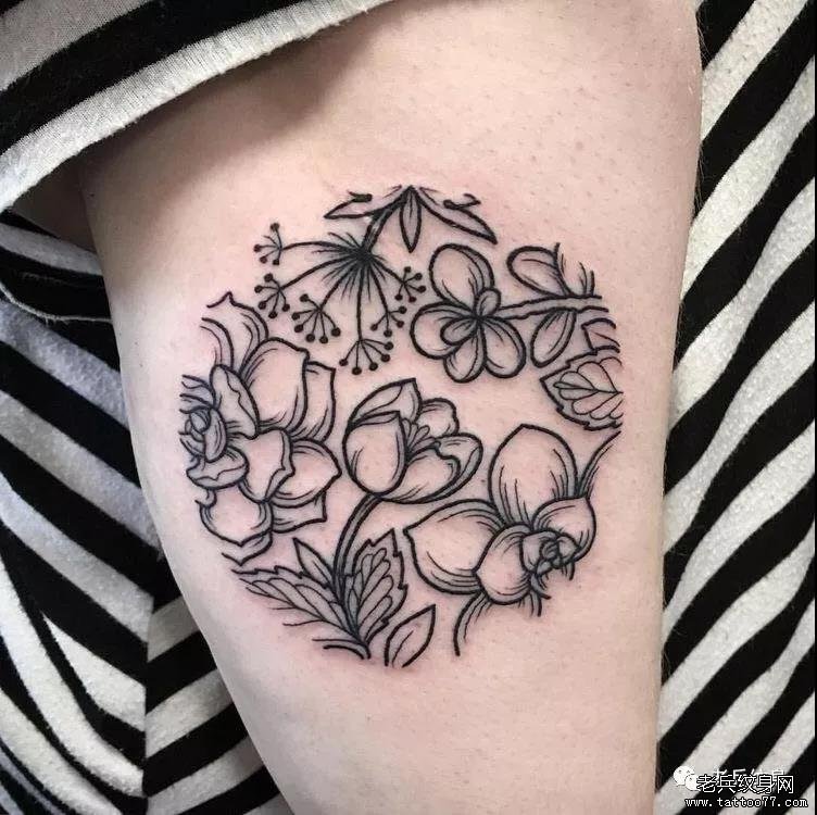 纹身素材第519期——黑灰线条花朵