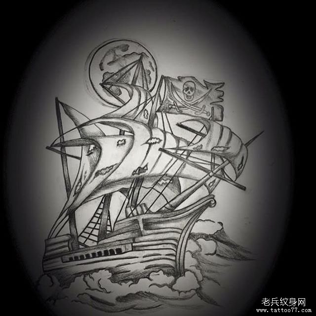 黑灰帆船纹身图案