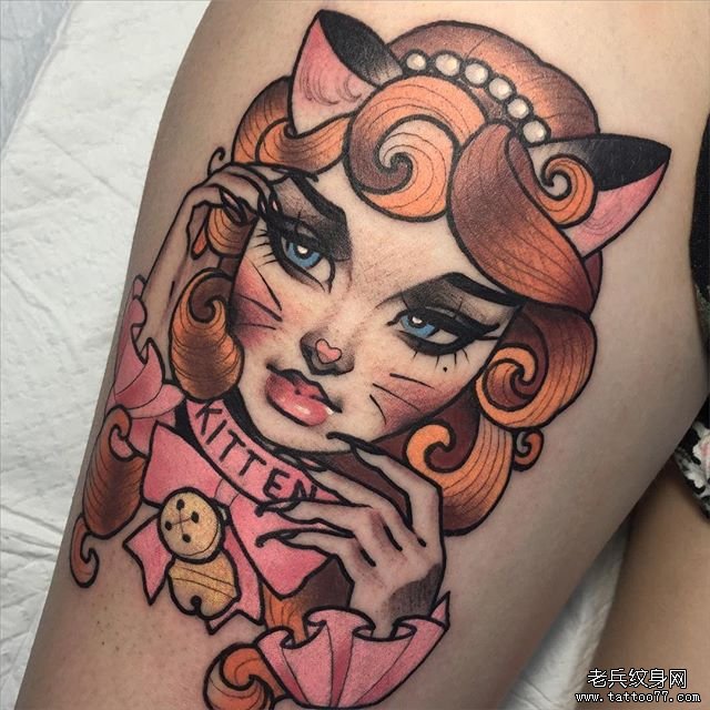 色彩猫女郎纹身图案