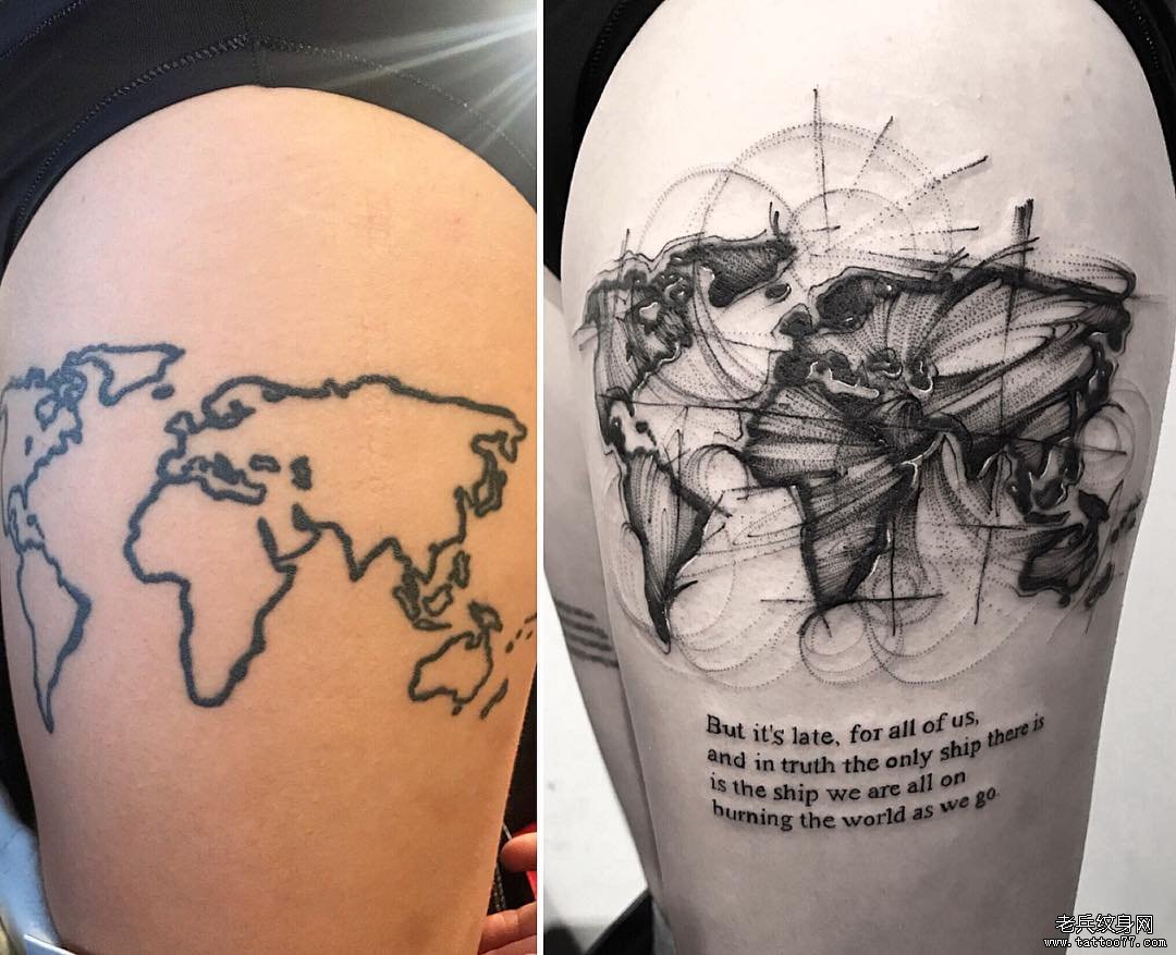 大腿黑灰世界地图纹身图案