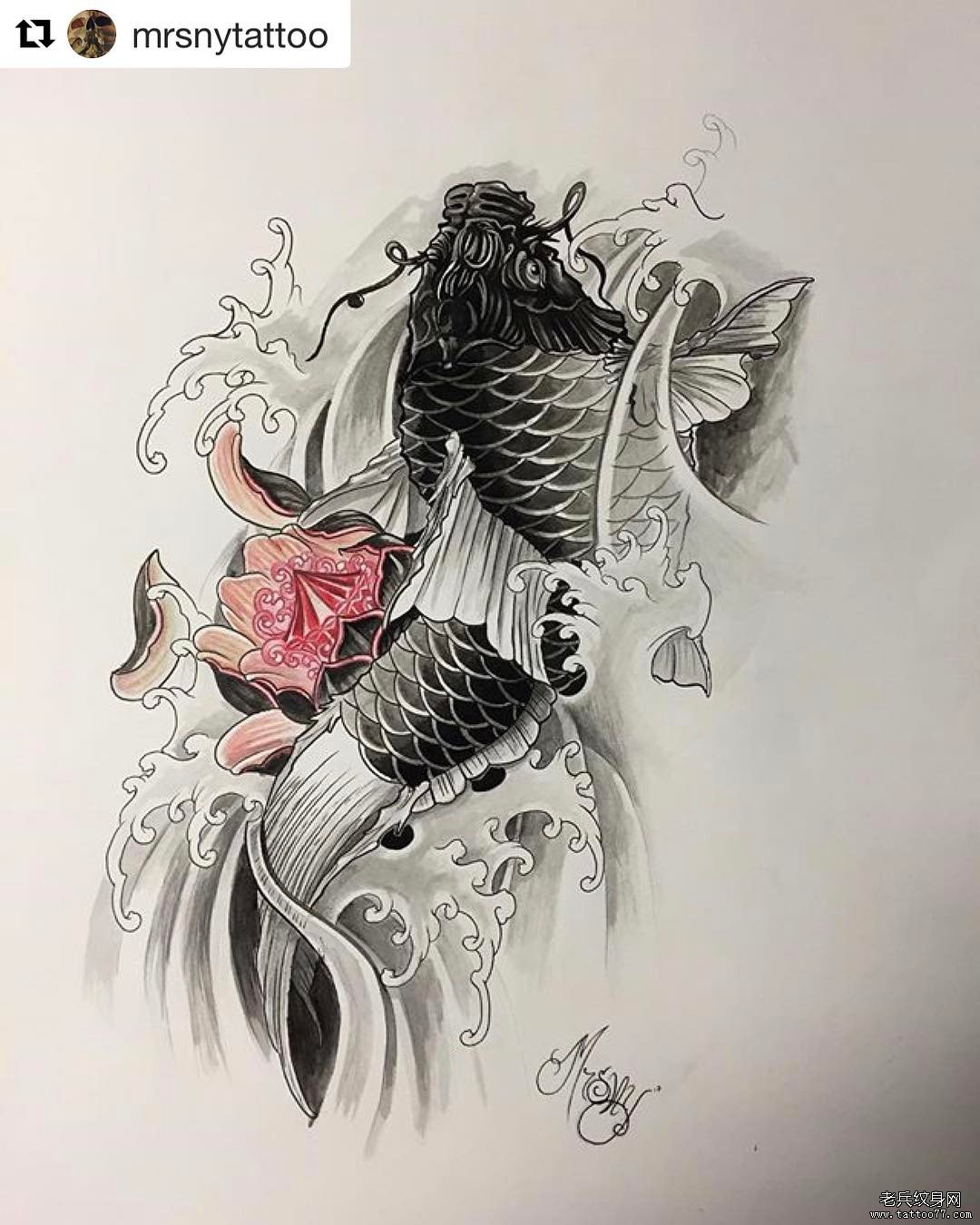 传统浪花鲤鱼纹身图案