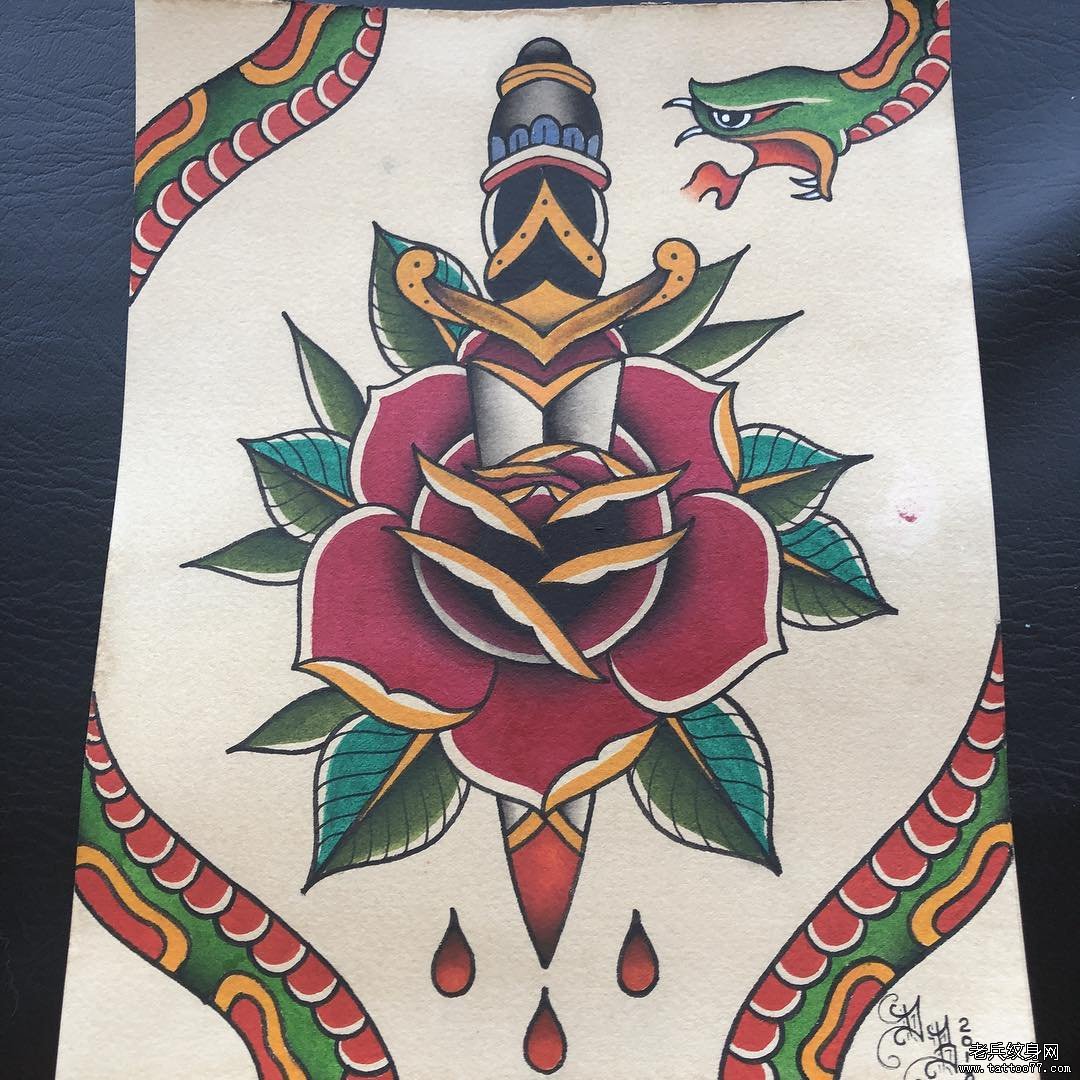 大腿彩色梵花玫瑰纹身图案 - 广州纹彩刺青