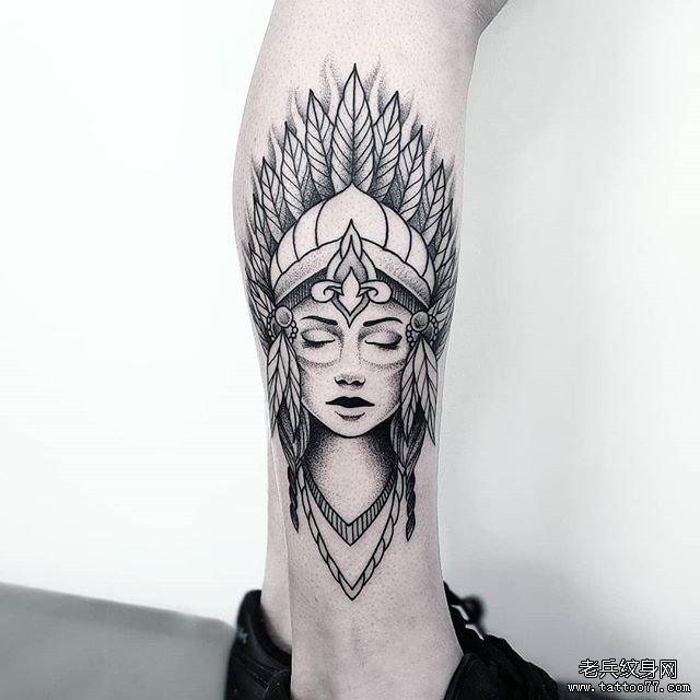 小腿印第安女郎纹身图案