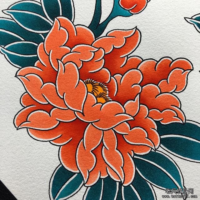 彩色日式牡丹花纹身图案