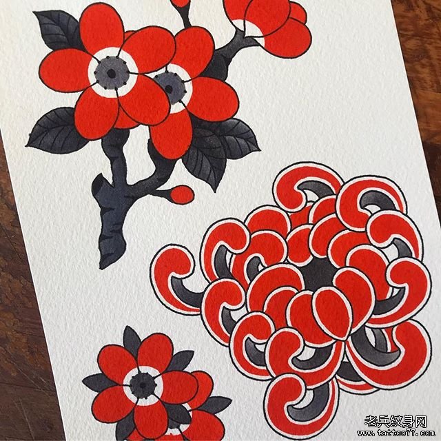 日式传统梅花菊花纹身图案