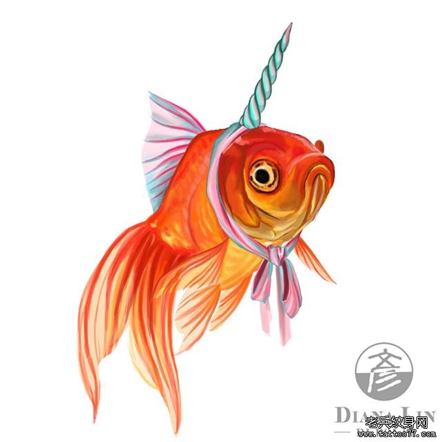 彩色独角金鱼纹身图案
