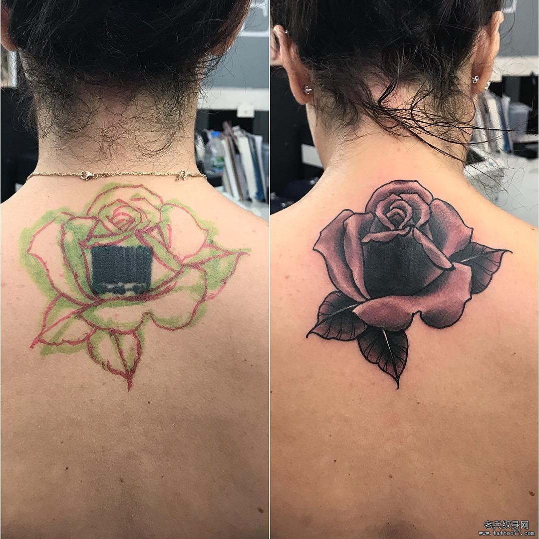 后颈玫瑰花遮盖纹身图案
