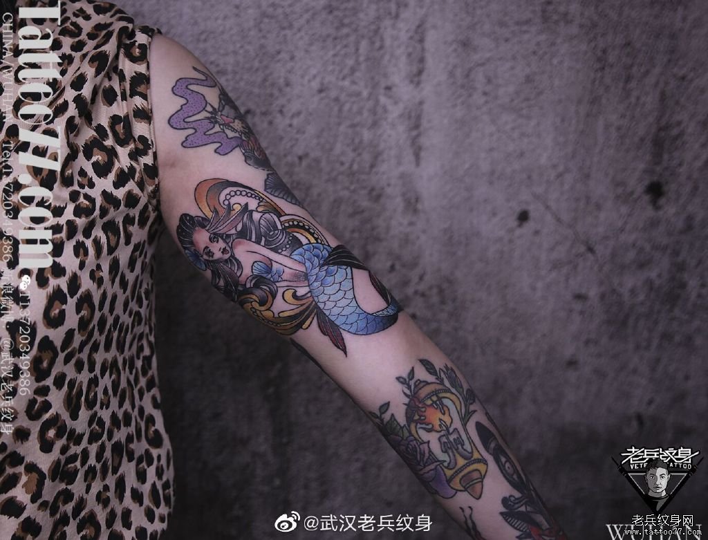 手臂OLDSCHOOL美人鱼纹身作品