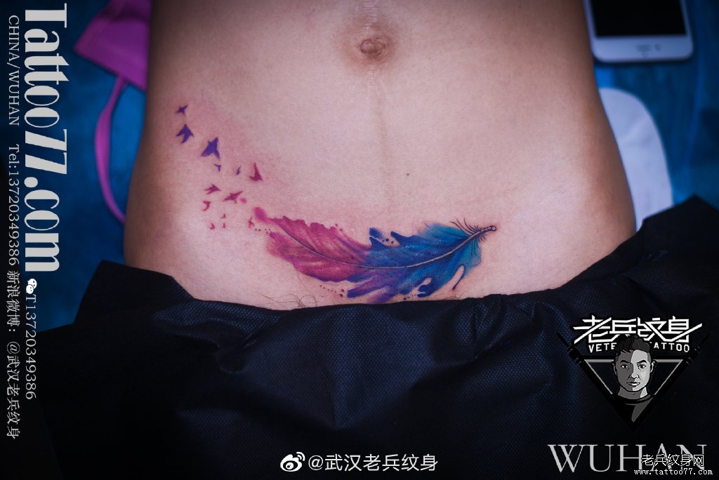 腹部遮盖疤痕水彩羽化燕纹身作品
