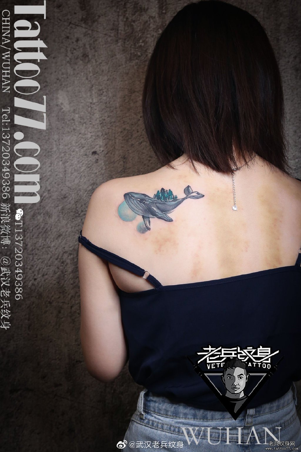 肩胛色彩鲸鱼纹身作品