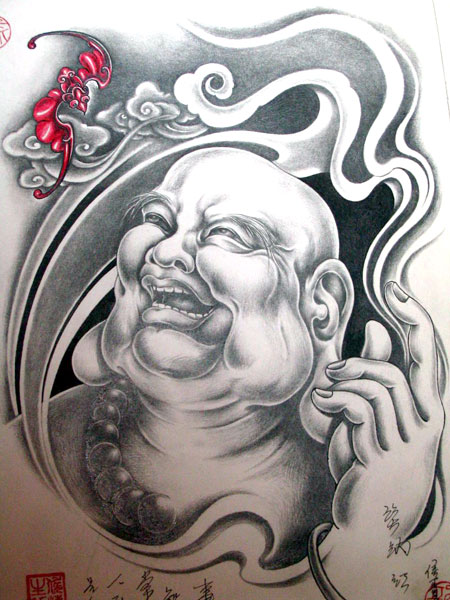 弥勒佛纹身图案手稿图片