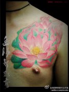 男人前胸漂亮的彩色莲花纹身图案