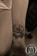 美女手腕小巧的黑灰莲花纹身图案