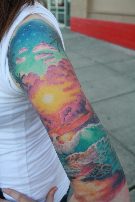 手臂潮流时尚的彩色星空纹身图案
