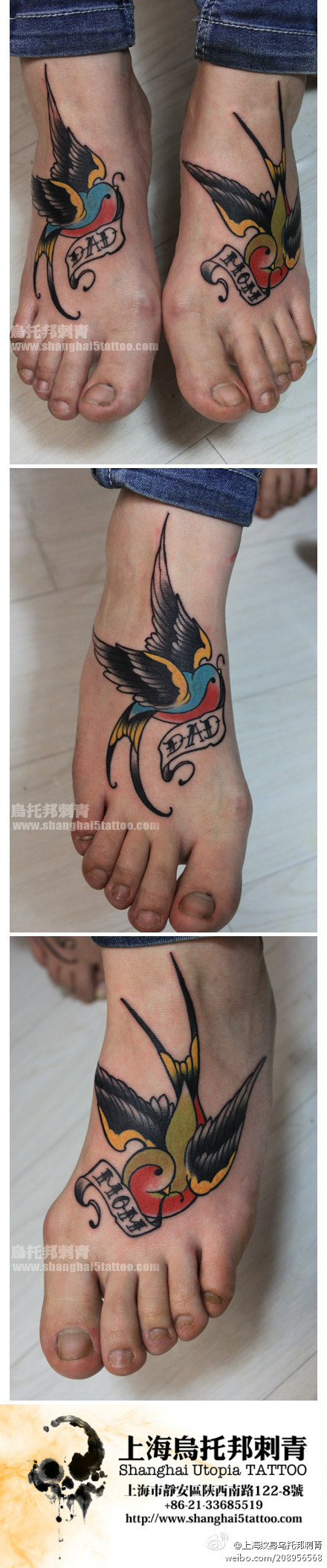 女生脚背潮流时尚的燕子纹身图案