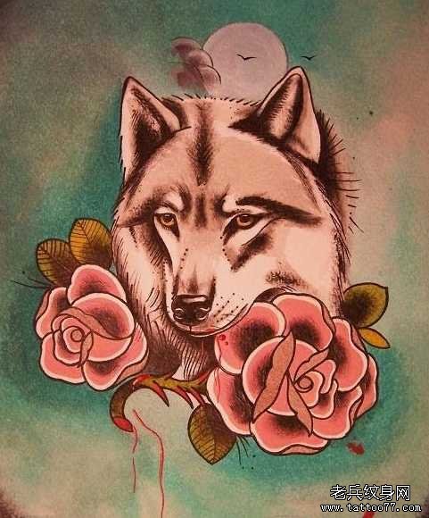 大气玫瑰狼纹身图案