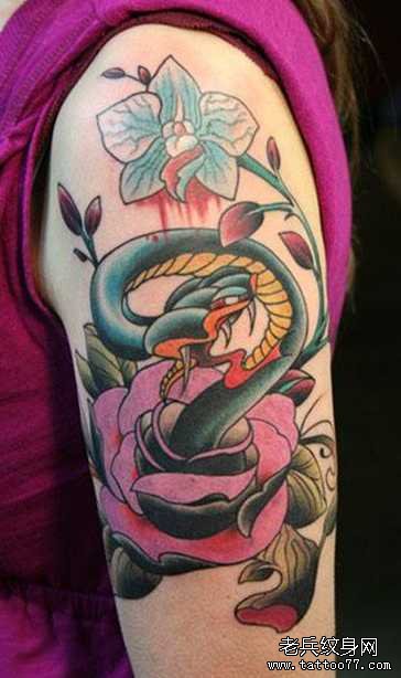 胳膊玫瑰蛇纹身图案
