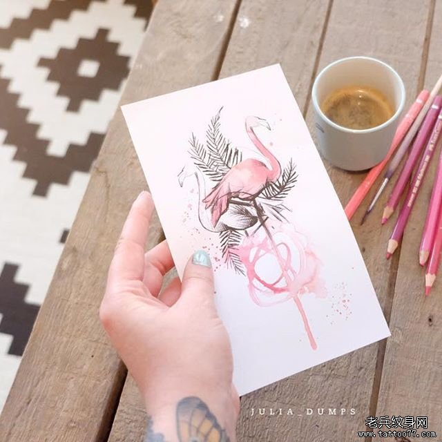 火烈鸟纹身手稿图案