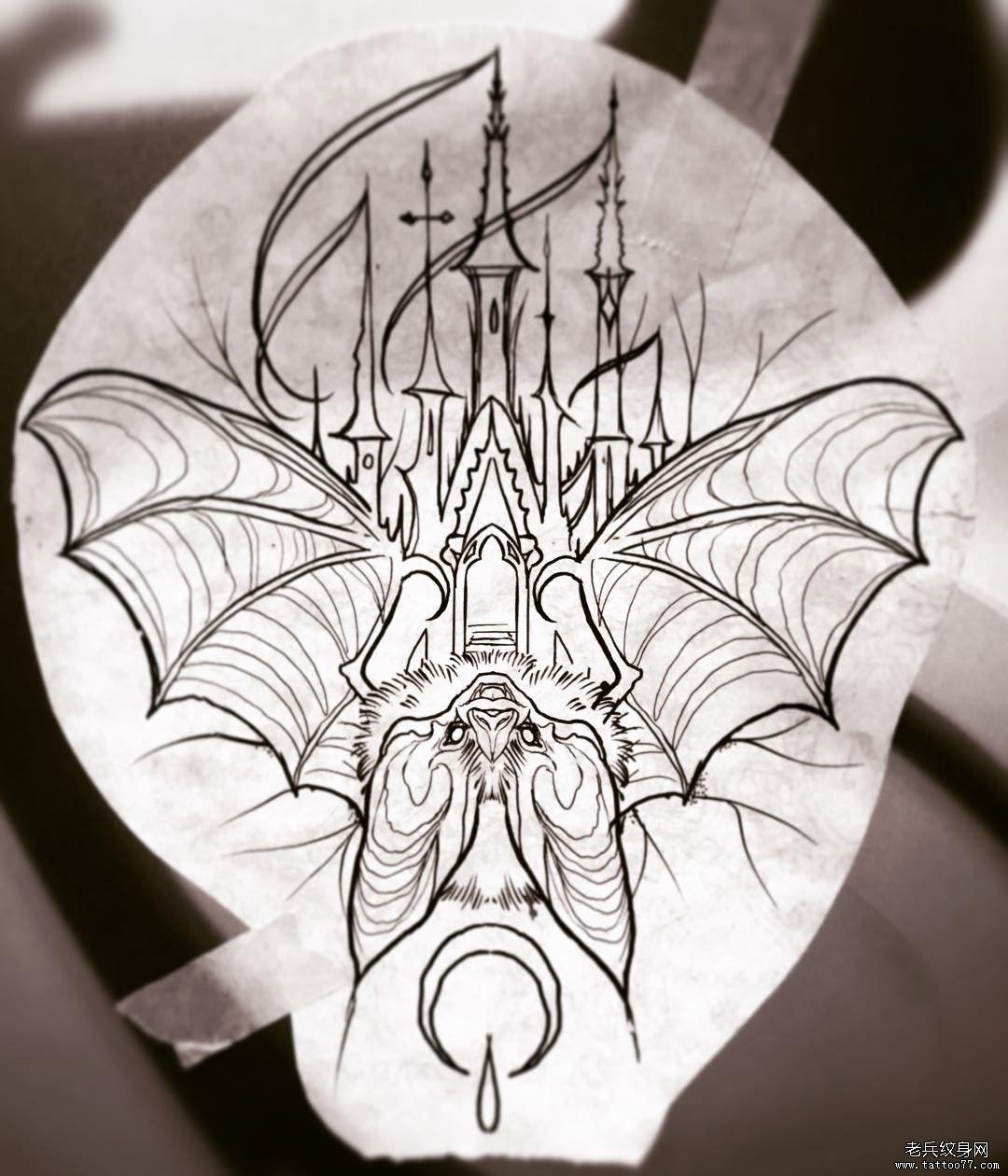 线条蝙蝠城堡纹身手稿