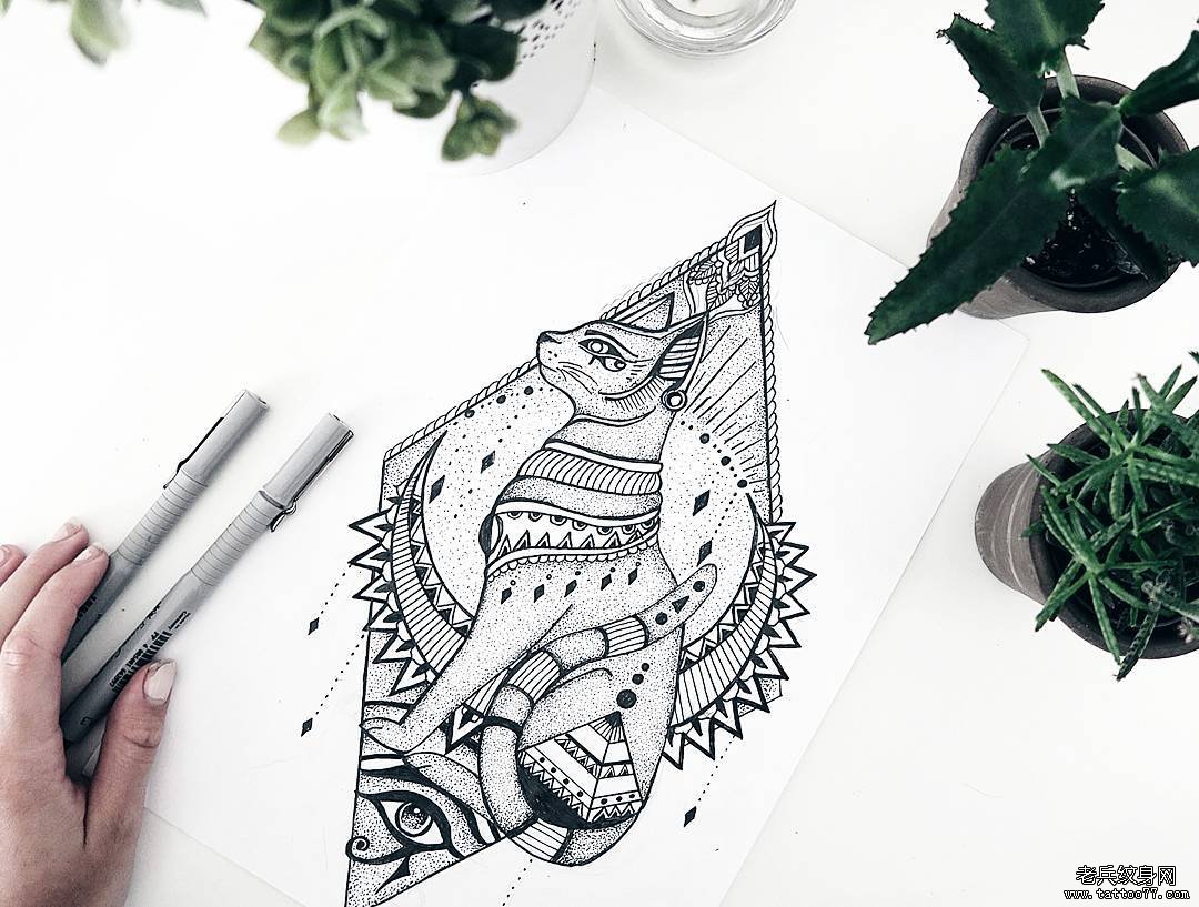 几何梵花猫文身手稿