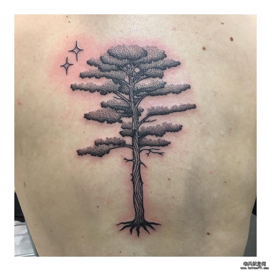 黑灰树背部纹身图案