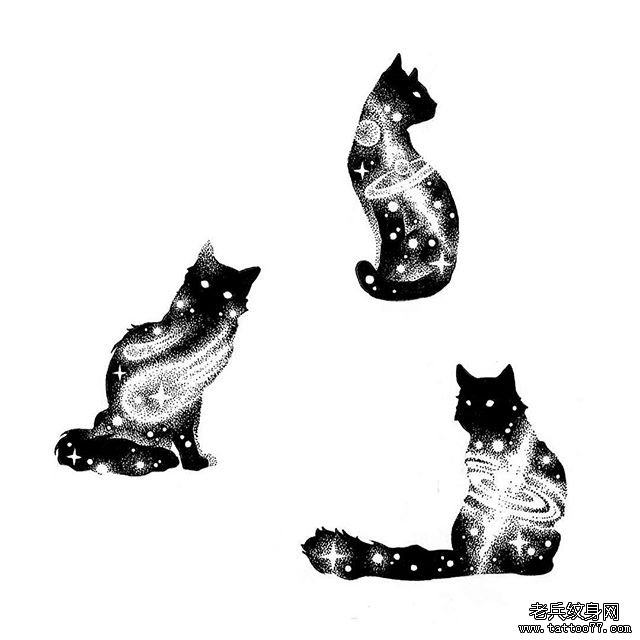 黑灰猫咪星空纹身手稿图案