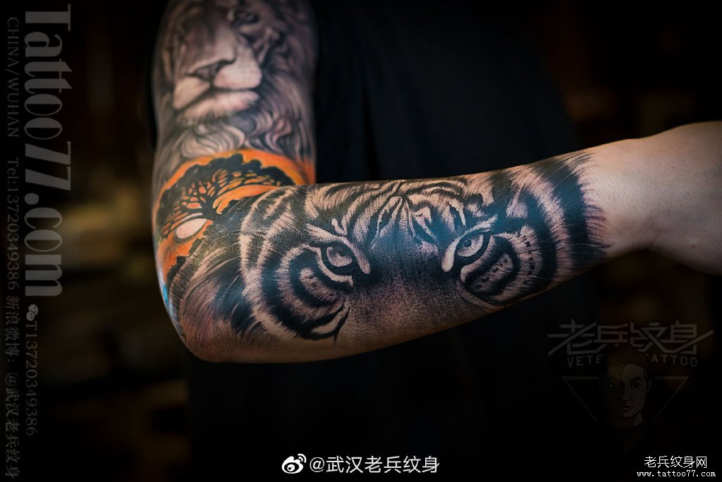 手臂写实老虎狮子纹身作品（二）