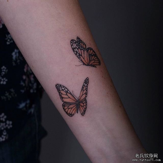 手臂彩色蝴蝶纹身图案