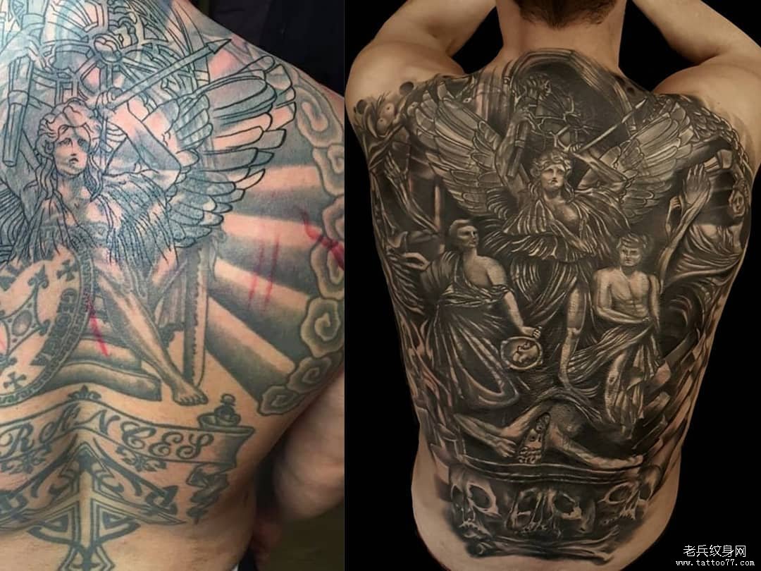 满背黑灰天使纹身图案