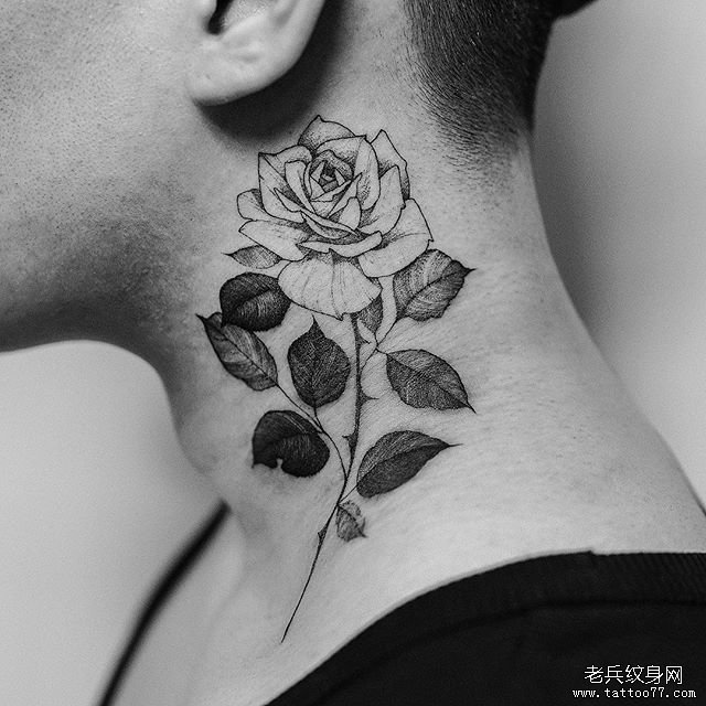 脖子玫瑰花纹身图案